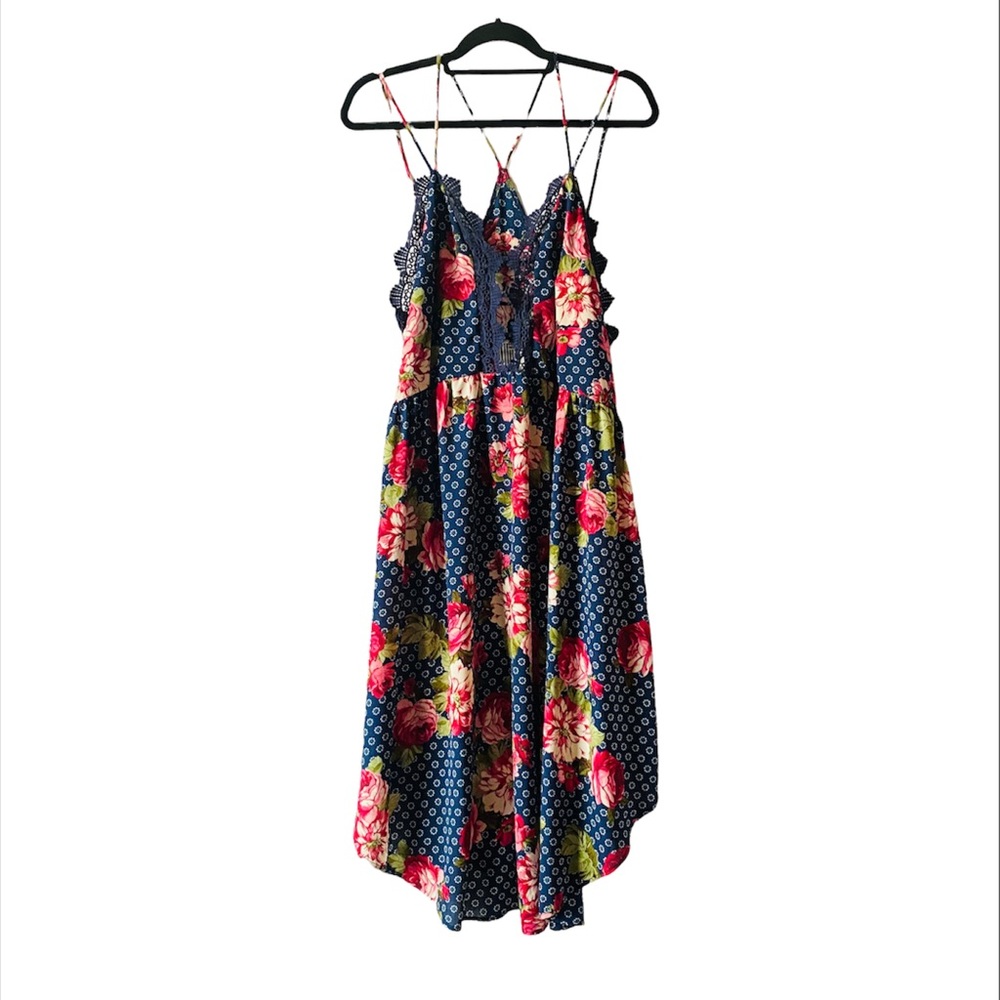 Free People | NEW Strappy Blue Floral Rose Lace Trim Midi Dress